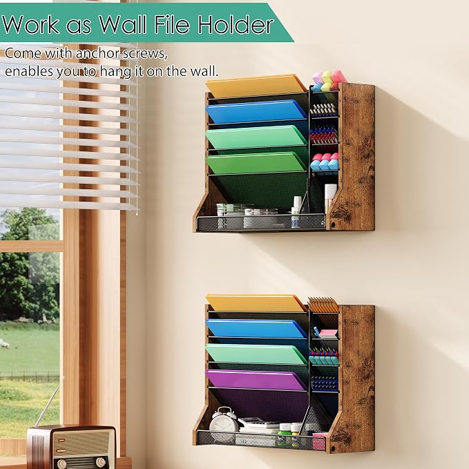 Jakyitvi 5 Tiers Ironwood Wall Desk File Holder Organizer Organizer, Brown | Adjustable mesh dividers, space saving hanging desk rack, stable R-shaped bottom base tray, multi functional office mailbox