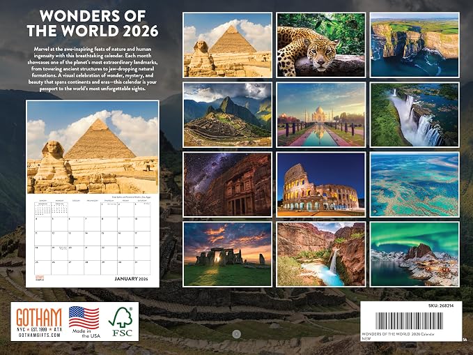 Wonders Of The World Calendar 2026 Natural Nature Travel Monthly Wall Calender 12 Month | American Made In The USA