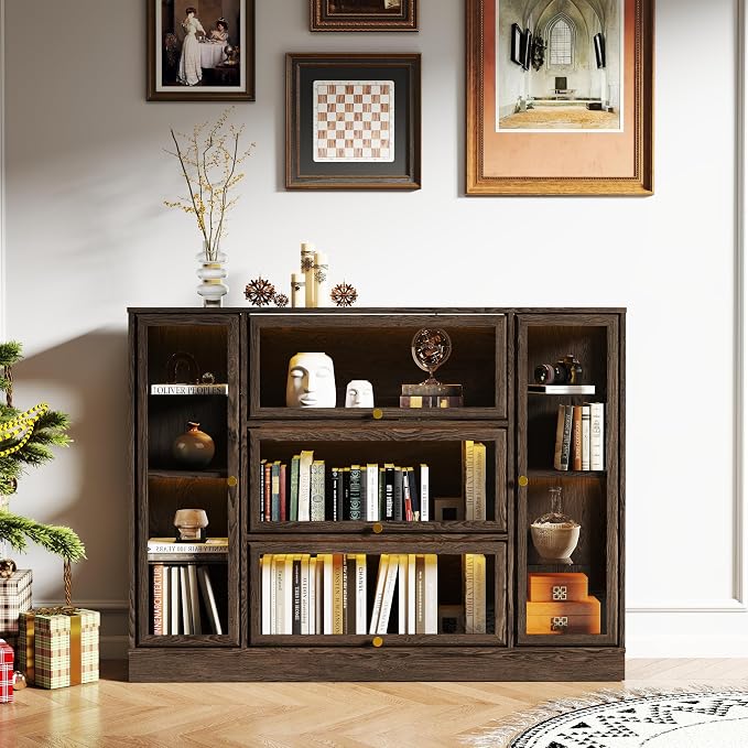 Display Cabinet with Acrylic Glass Doors,Extra Wide Curio Cabinet with LED Lighting for Collectibles, Collectibles Toy Organizers Rack & Display Shelf Display Case, Walnut
