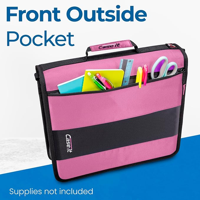 Case-it School Zipper Binder | 2" O-Rings | 350-Sheet | D-251 Light Pink | Classic, Multiple Storage Pockets, Shoulder Strap, School & Office Organizer