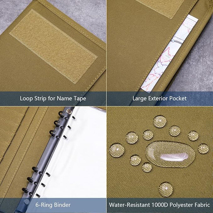 Kosibate Tactical Notebook Padfolio Ring Binder with 80 Sheets, Tactical Binder Zippered for Folders, Cards Refillable 6-Ring Notepad,Army Military Waterproof Notebook Cover(Khaki,7.3"x10.1")