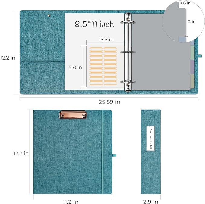 EYROZILL 3 Ring Binder 2 Inch, Binder for Letter Size (11" x 8.5") with 5 Tab Dividers, File Folder Labels and Low Profile Clipboards, Aqua Blue