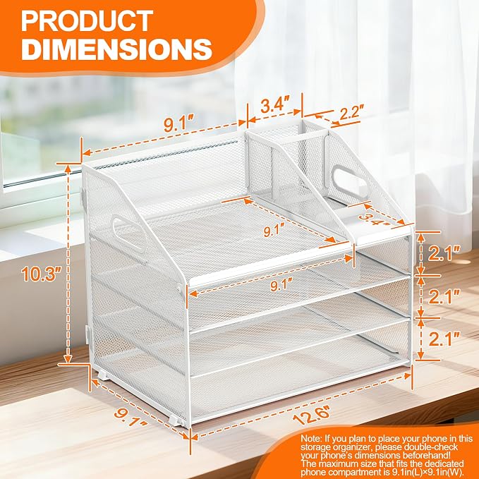 DocNest 4 Tier Metal Mesh Desk File Organizer with Phone Shelf, White | Desktop letter tray sorter features a 9.1x9.1 inch top phone holder, built-in sticky note compartment and pen holder