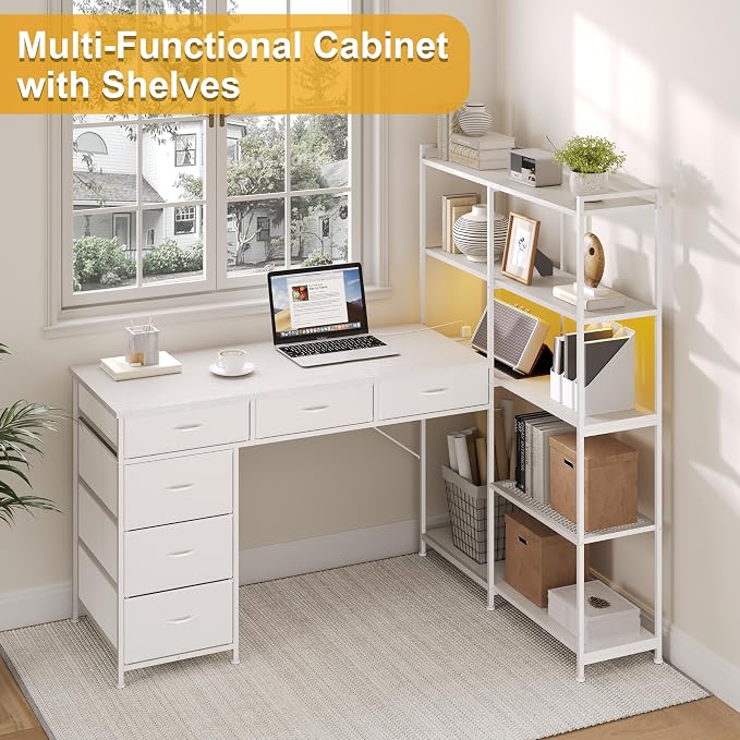L Shaped Gaming Desk with Power Outlet & RGB Lights, Corner Computer Desk with 6 Drawers 5-Tier Shelves, PC Workstation with USB/Type-c Charging for Home Office, White