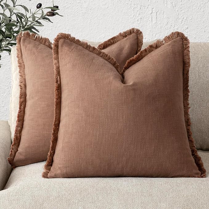 Foindtower Set of 2 Decorative Linen Fringe Throw Pillow Covers Cozy Farmhouse Boho Cushion Cover with Tassels Soft Accent Pillowcase for Couch Sofa Bed Living Room Home Decor 20×20 Inch Rust