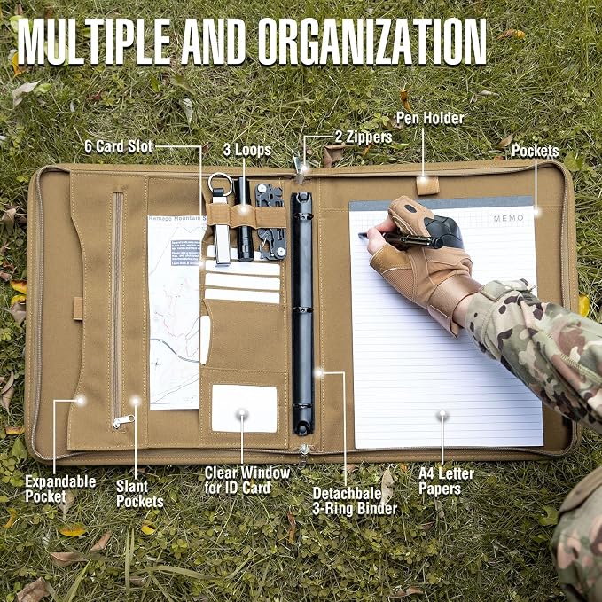 Kosibate Tactical Padfolio Portfolio Binder with Zipper and 25 Sheets of Letter Size Paper,Notebook Cover,Tactical Notebook with Zippered for Folders,Detachable 3-Ring Binder(A4,Khaki,13.5X 11.5Inch)