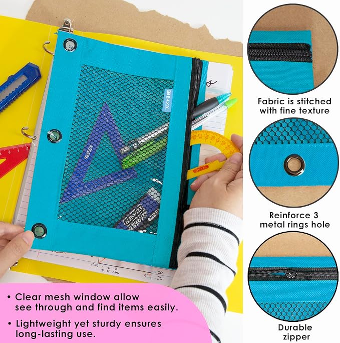 BAZIC PRODUCTS Retro Pastel 3-Ring Pencil Pouch with Mesh Window, 144-Case | clear mesh window and a zipper closure for pens, pencils
