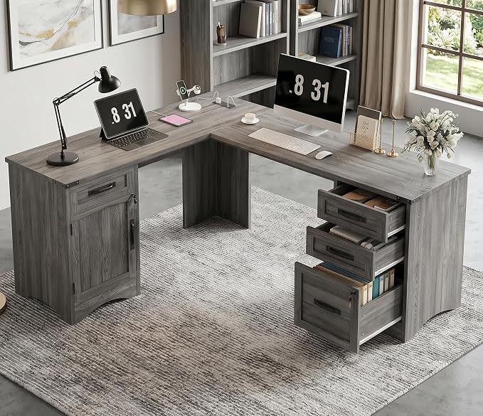 Decofy 67" Farmhouse L Shaped Standing Desk with Drawers Home Office Executive Desks with Fast Charging Station, Lockable File Cabinet, Wood Writing Computer Desk for Work, Study, Grey