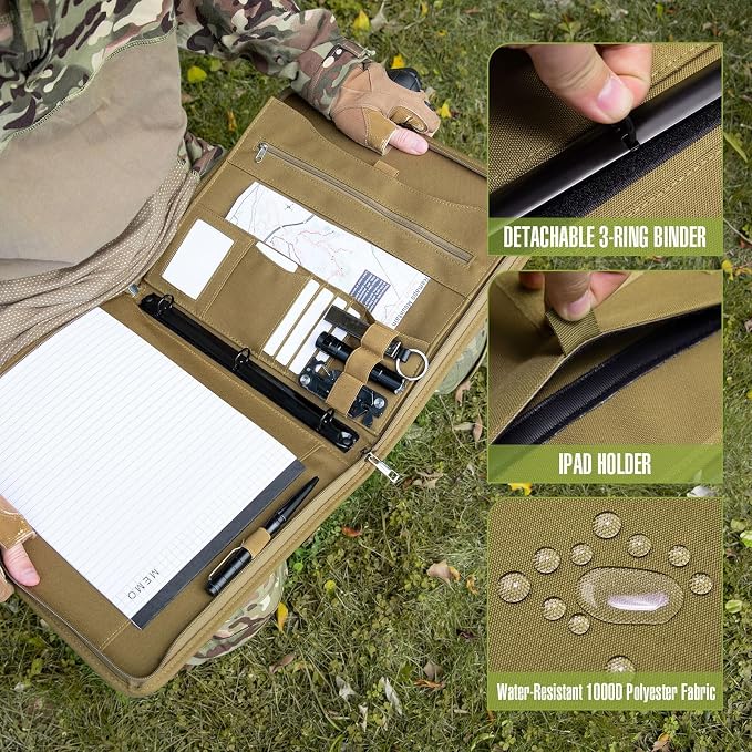 Kosibate Tactical Padfolio Portfolio Binder with Zipper and 25 Sheets of Letter Size Paper,Notebook Cover,Tactical Notebook with Zippered for Folders,Detachable 3-Ring Binder(A4,Khaki,13.5X 11.5Inch)
