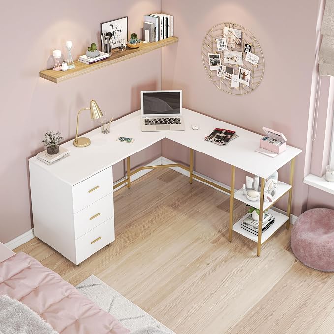 Techni Mobili 59" Two-Tone L‑Shaped Office Desk with Storage Shelves, Gold | 59" two‑tone L‑shaped desk with storage shelves, durable frame, modern corner workstation, spacious home office writing space
