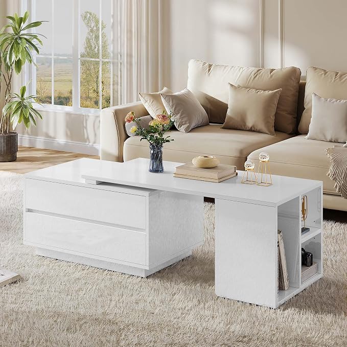 YITAHOME 35"-61" Extendable LED Coffee Table with 4 Drawers, White | Center Table with 4 Storage Drawers, Open Shelves, Sliding Extendable Top, LED Lighting, for Living Room Home Office