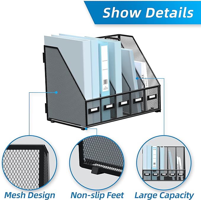 Desk Organizers Metal Desk Magazine File Holder with 5 Vertical Compartments Rack File Organizer for Office Desktop, Classroom, Home Workspace, Black