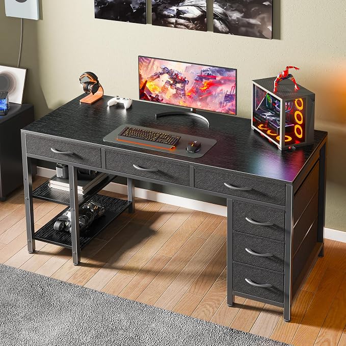 Huuger Computer Desk with 6 Drawers, Office Desk with Shelves, Reversible Gaming Desk, Corner Desk with Storage, Work for Home Office, Study, Living Room, 47inch, Black