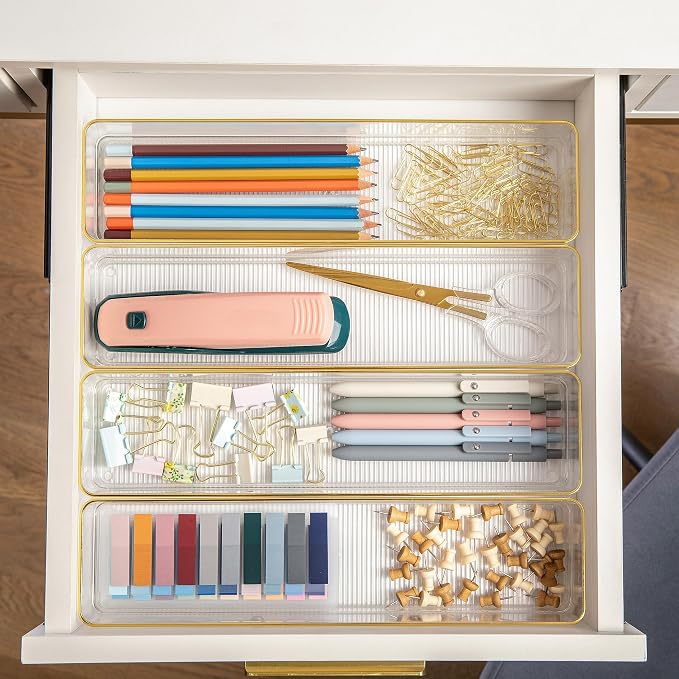 Martha Stewart Kerry Stackable Desk Drawer Organizers, Clear/Gold, 8-Pack | 9x3 in Organizers, Gold Trim, Stackable