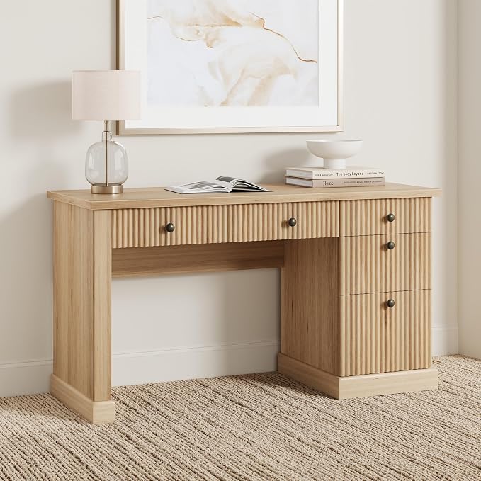 IDEALHOUSE 54 Inch Modern Executive Desk with Charging Station, USB-C/A & 6.56ft Cord - Fluted Office Desk with File Drawers, Computer Desk for Home Office, Burlywood