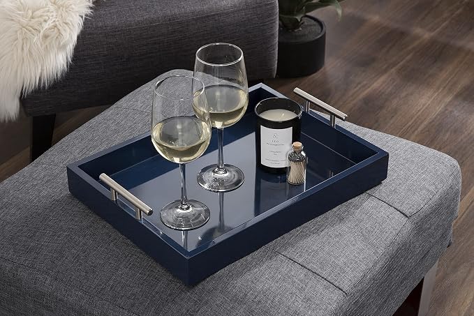 Kate and Laurel Lipton Modern Rectangular Tray, 16 x 12.25, Navy Blue and Silver, Decorative Accent Tray for Storage and Display