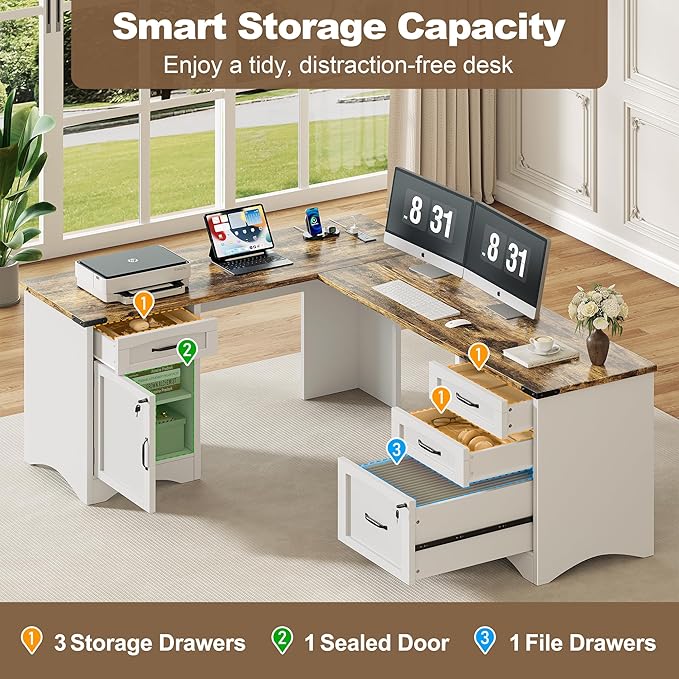 Decofy 67" L-Shaped Standing Desk, File Cabinet & Charging Station, White | Four Drawers, File Cabinet, Farmhouse Corner Desk, Wood Workstation, White Finish, For Home Office, Study and Writing