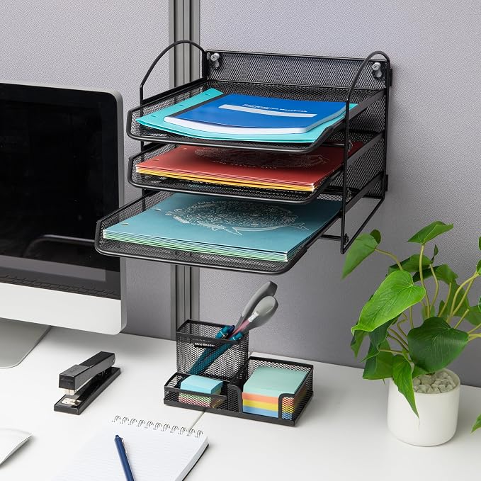 Mind Reader 3-Tier Paper Tray, File Storage, Desktop Organizer, Wall Mountable, File Organization, Metal Mesh, Black