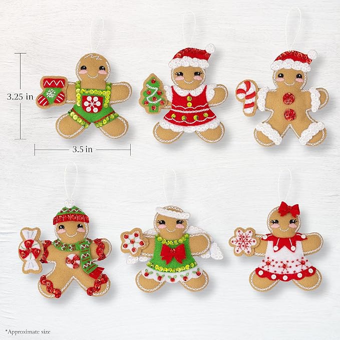 Bucilla Felt Applique 6 Piece Ornament Making Kit, Dressed Up Gingerbread, Perfect for DIY Arts and Crafts, 89644E