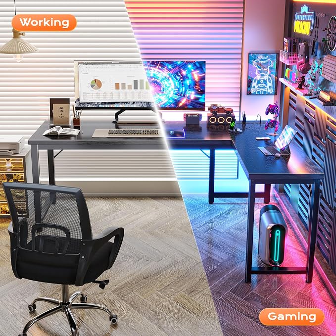 Huuger 63 Inch L Shaped Desk with Power Outlets & 0.95 Inch Thicker Desktop | Reversible Computer Desk, Larger Office Corner Gaming Desk, Metal Frame, for Home Office, Study, Black