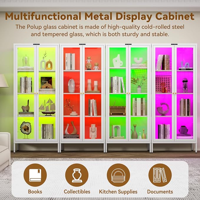 Polup 66" White Glass Display Cabinet with 8-Color LED for Collectibles | Metal Frame & Tempered Glass Doors, Motion Sensor LED, 3 Adjustable Shelves, 4-Tier Space, for Indoor Plants & Figures