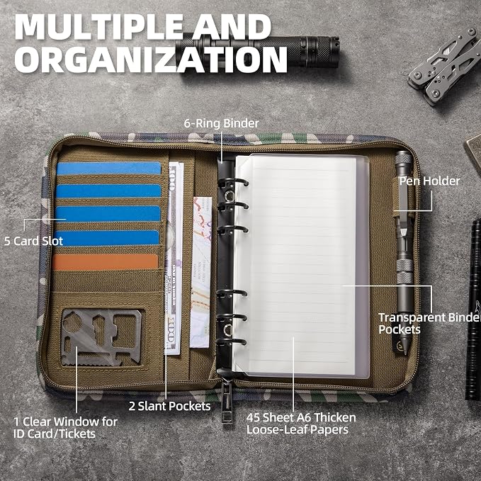 Kosibate Padfolio Ring Binder with 45 Sheets 90 Pages of Loose-Leaf Paper, Weatherproof Notebook Cover, Tactical Notebook with Zippered for Folders, Business Cards Refillable 6-Ring Notepad(5.5"x8.5")