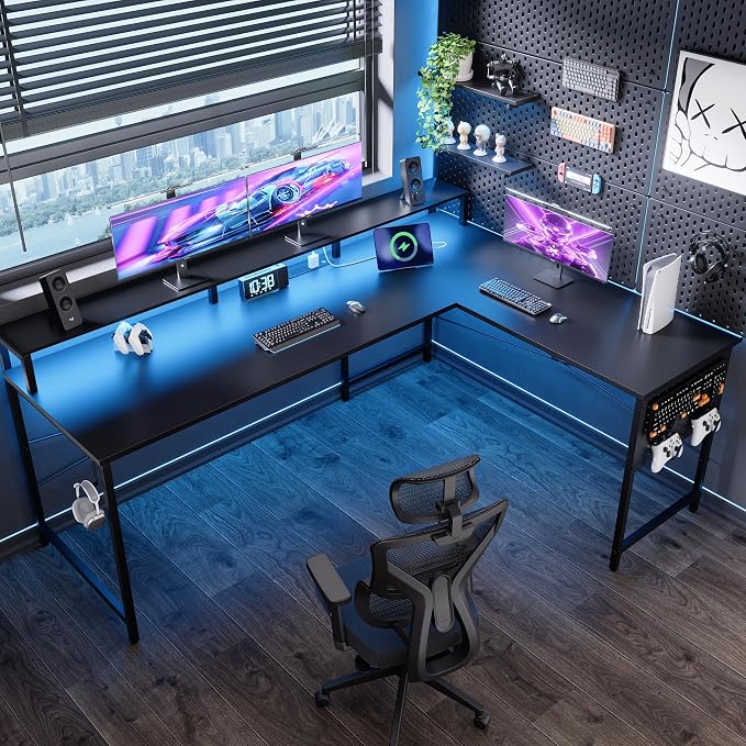 Pamray 64 Inch L Shaped Gaming Desk with Monitor Stand and Power Outlets | Large Corner Computer Desk With Pegboard & Led Lights USB Charging Ports for Home Office Study and Writing Bedroom and Dorms