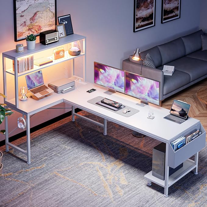 L Shaped Gaming Desk with LED Lights & Power Outlets | Reversible Computer Desk with Storage Shelves & Bag, Large Corner Home Office Desk with Pegboard for Work from Home, White