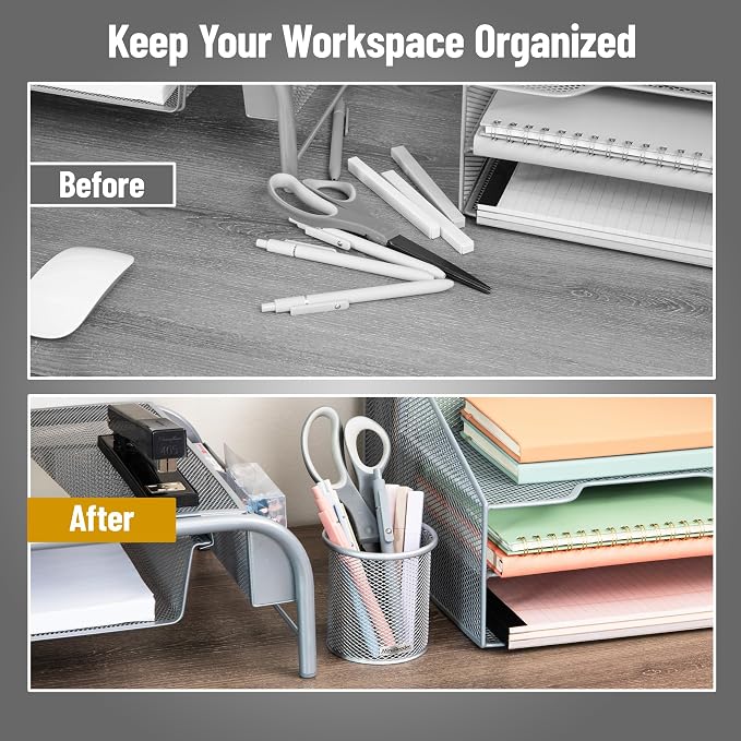 Mind Reader Pen and Accessories Holder, Desktop Organizer, Office, Metal Mesh, 3.5"L x 3.5"W x 3.75"H, Set of 3, Silver