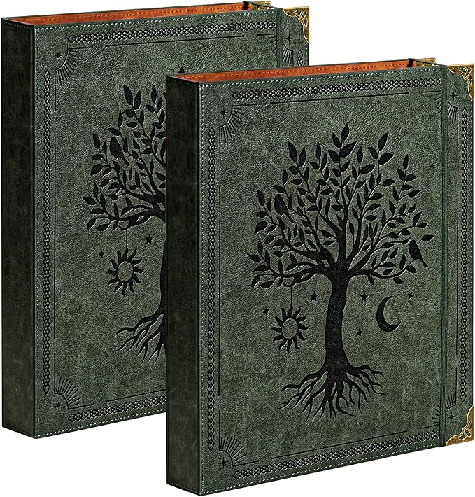 Ovesmusl 2 Pack PU Leather D Ring Binder, 1.5 Inch Green Tree | Fits 8.5x11 letter paper, holds 400 sheets, inner pockets, loose leaf organizer