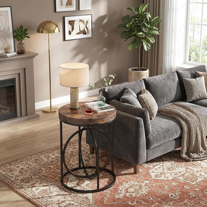 LITTLE TREE 20” Round End Table with Thick Wood Top，Modern Sofa Side Table with Gold O-Shaped Base, Midcentury Accent Table Cocktail Table Nightstand for Living Room Bedroom