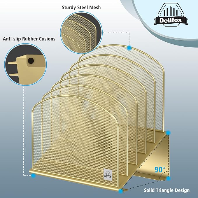 Delifox Inclined Desk File Organizer,Vertical File Folder Holder Stand Metal Rack File Sorter for Office Classroom Desktop Organization (1, Gold, 5)