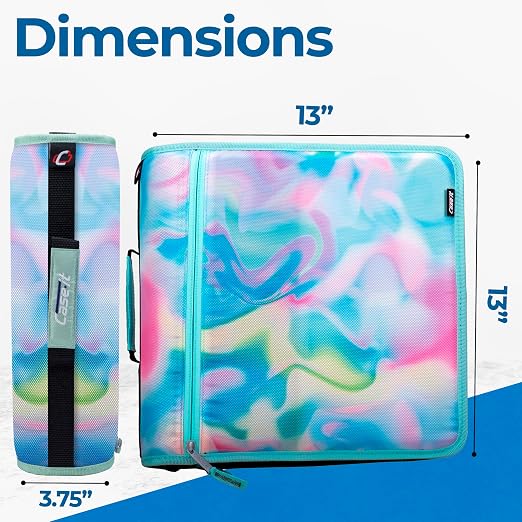 Case-it School Zipper Binder | 3-Inch O-Rings | 600-Sheet | D-146 Aqua | Mighty Zip Tab, 5-Color Tab Expanding File Folder, Multiple Pockets, Shoulder Strap, Iridescent Pastel Design, Office