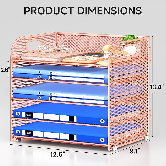 Paper Organizer Letter Tray with Handle Mesh 5 Trays | Desk File Organizer Paper Sorter Desk Organizer for Office, Home or School-Rose Gold