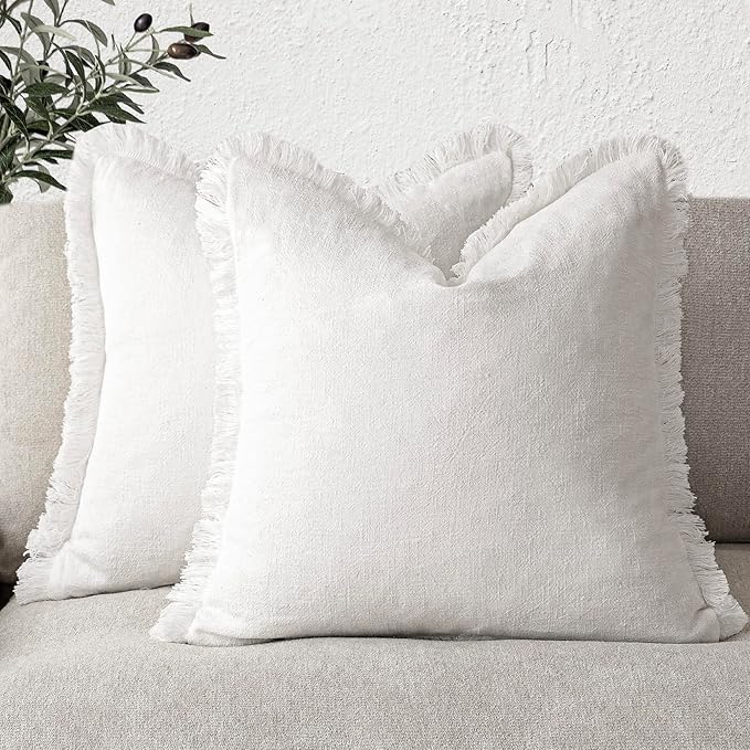 Foindtower Set of 2 Decorative Linen Fringe Throw Pillow Covers Cozy Boho Farmhouse Cushion Cover with Tassels Soft Accent Pillowcase for Couch Sofa Bed Living Room Home Decor,26×26 Inch,White