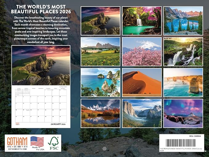 World Most Beautiful Places Calendar 2026 Monthly Wall Nature Gifts Calender 12 Month | American Made In The USA