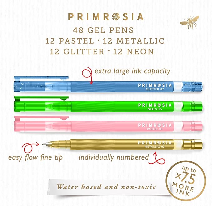 Primrosia 48 Gel Pens, inc. Metallic, Pastel, Glitter & Flourescent for Adult Coloring Book & Dot Grid Journal Pens. No-Bleed-Through in a Variety of Shades, 7.5x More Ink Fine Point Markers Set