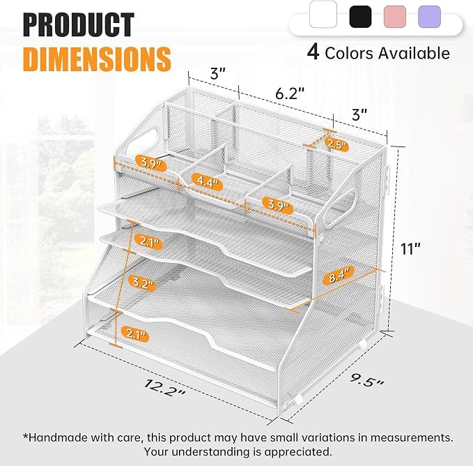 YINGHUA 5-Tier Mesh Desk Organizer, Letter Tray - White | Sturdy steel mesh with 3 sliding trays, 2 handles, 6 adjustable top sections. U-shaped design for easy access to office files