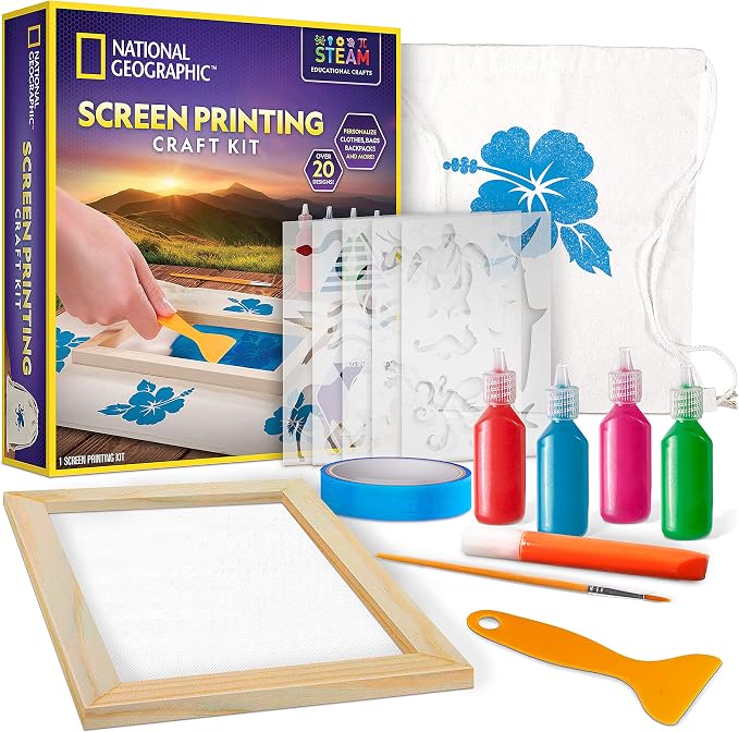 National Geographic Screen Printing Arts and Crafts Kit for Kids | Fabric Paint, Screen Printing Frame, Stencils, Squeegee, Drawstring Bag, Silk Screen Craft, Creative Birthday Gift