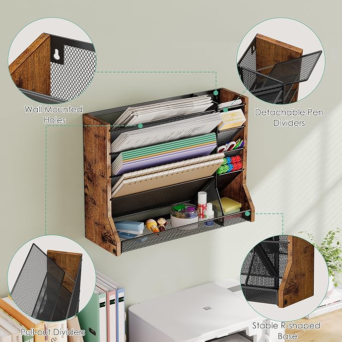 Jakyitvi 5 Tiers Ironwood Wall Desk File Holder Organizer Organizer, Brown | Adjustable mesh dividers, space saving hanging desk rack, stable R-shaped bottom base tray, multi functional office mailbox