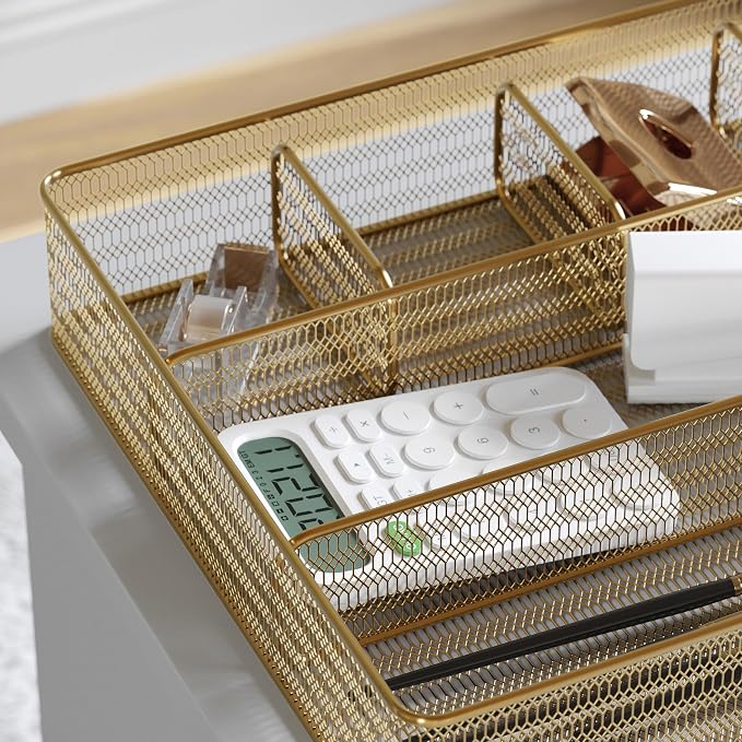 Martha Stewart Ryder Mesh Metal 6-Compartment Drawer Organizer, Gold | Steel Mesh, Gold Finish