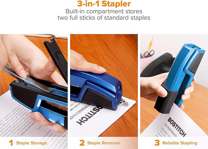 Bostitch Office Epic Metal 3 in 1 Stapler, 25 Sheet Capacity, Includes 210 Staples in Staple Storage Compartment & Integrated Remover, | Die-cast body opens 180 degrees for bulletin boards, with a temporary stapling option and a hidden slot for backup ...