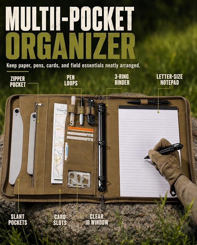 Tactical Padfolio, Detachable 3-Ring Binder with Zipper | Multi-pocket nylon organizer with carry handle, 40 letter-size sheets, pen and compass for field work, office and school