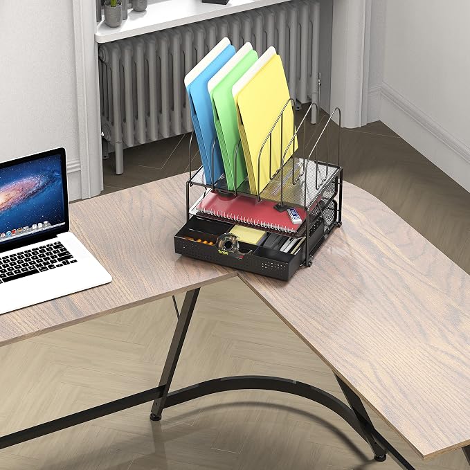 Deco Brothers Mesh Desk Organizer with Double Tray, 5 Upright Sections and Sliding Drawer, Black | Sliding Drawer with Adjustable Dividers, Black
