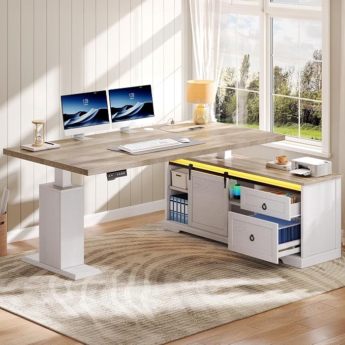 YITAHOME L Shaped Standing Desk with Power Outlets & LED Lights | 63" Farmhouse Electric Standing Desk Adjustable Height Sit Stand Corner Stand Desks with Drawers & Sliding Door, Grey Wash