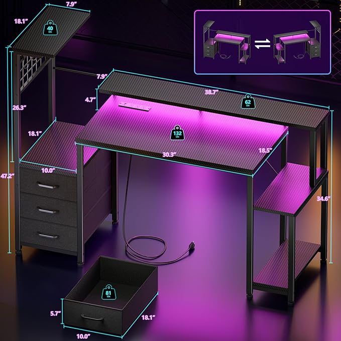 Korfile 48" Gaming Desk with Power Outlet, LED, Drawers, Carbon Fiber Black | Reversible，Computer Desk, Gamer Table, with Fabric Drawers & Side Hook, with Monitor Stand, for Game Room, Home Office