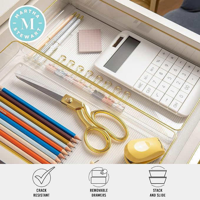 Martha Stewart Kerry Stackable Desk Drawer Organizers, Clear/Gold, 3-Pack | 12x6 in Organizers, Gold Trim, Stackable