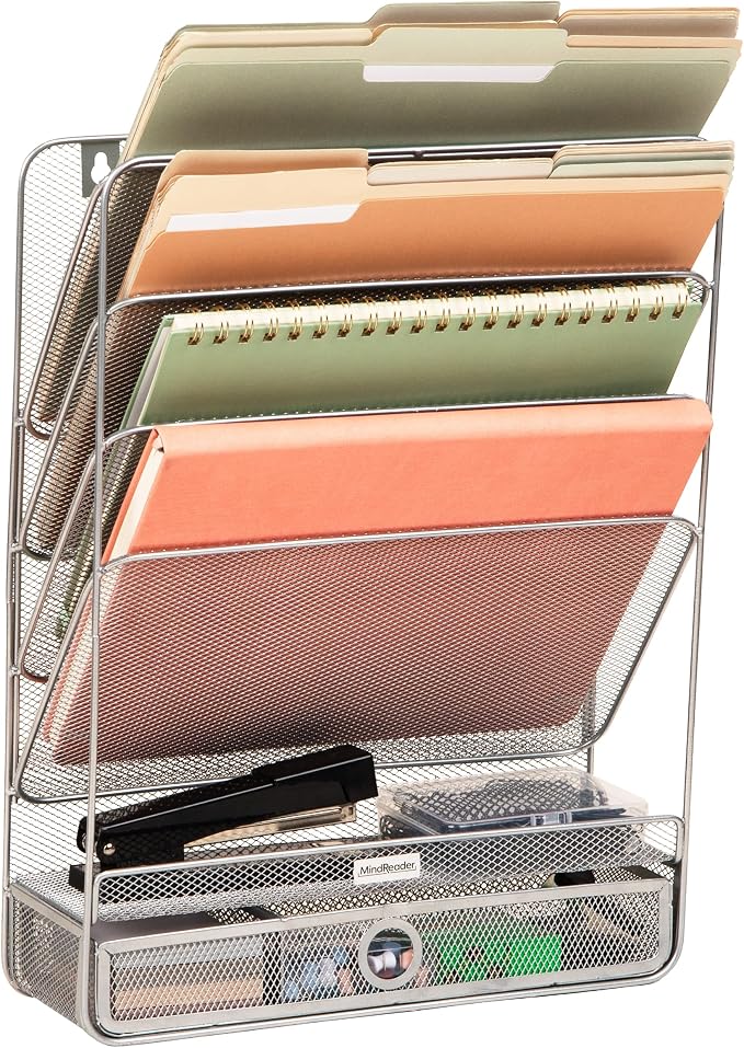 Mind Reader 4-Tier Vertical File Storage, Desktop Organizer, Wall Mount, Office, Metal Mesh, 12.5"L x 4"W x 16.5"H, Silver