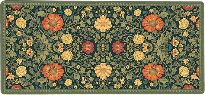 Cute Floral Aesthetic Daisy Gaming Mouse Pad, Dark Green Rug Desk Mat with Anti-Slip Base & Stitched Edges,35.4" x 15.7" in Desk Accessories for Women, Home Office Decor & Artistic Gift