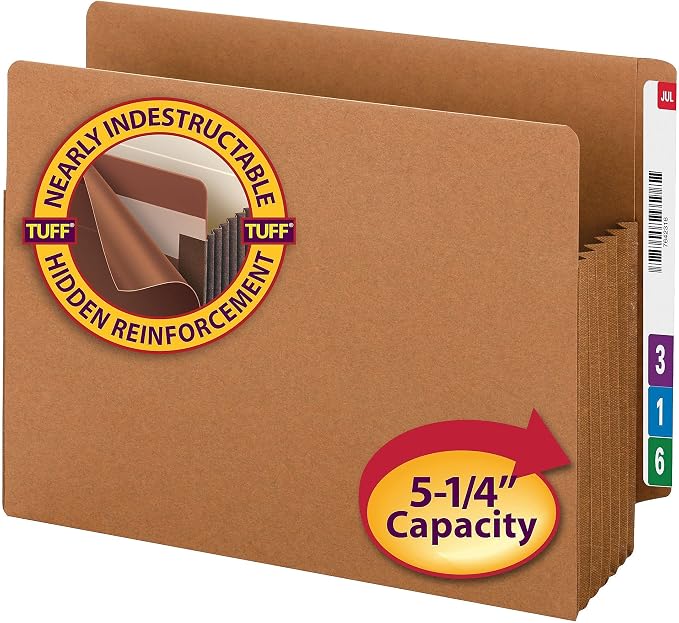 Smead End Tab TUFF® File Pocket, Reinforced Straight-Cut Tab, 5-1/4" Expansion, Tyvek® Gusset, Extra Wide Letter Size, Redrope, 10 per Box (73790)